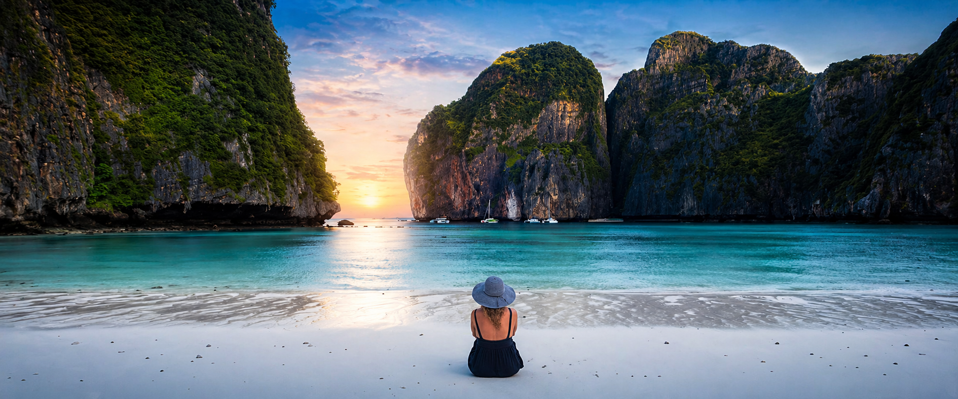 A lone traveller gazes across a turquoise bay framed by limestone cliffs at sunset